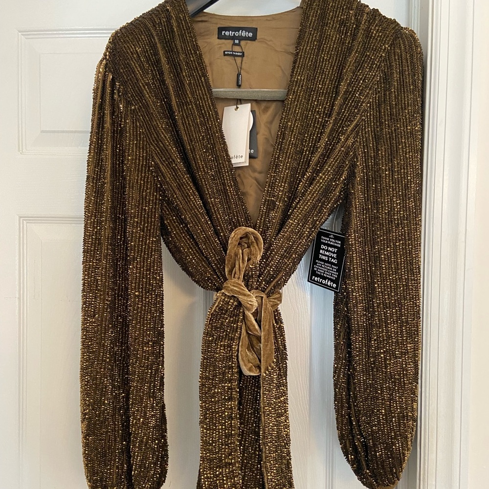 Retrofete Gold Metallic Mini Dress with Velvet Tie